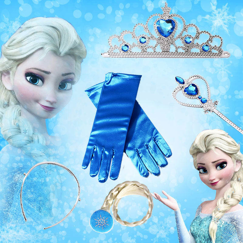 Set di accessori per capelli a forma di corona in stile cartone animato per bambini con corona in metallo placcato, bacchetta magica, parrucca a treccia e guanti con tema di colori Macaron