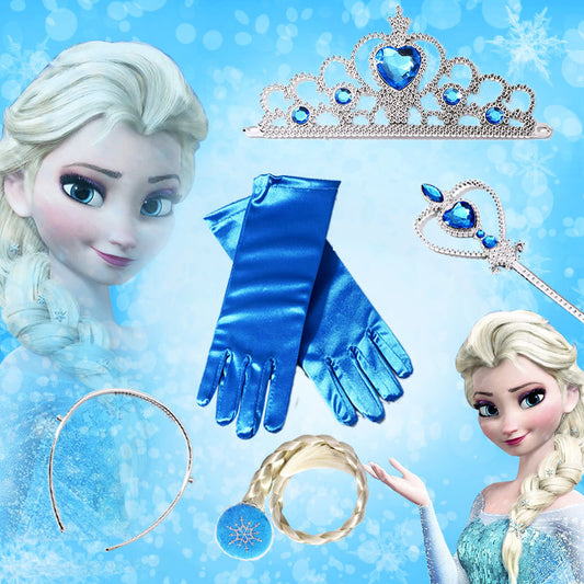 Set di accessori per capelli a forma di corona in stile cartone animato per bambini con corona in metallo placcato, bacchetta magica, parrucca a treccia e guanti con tema di colori Macaron