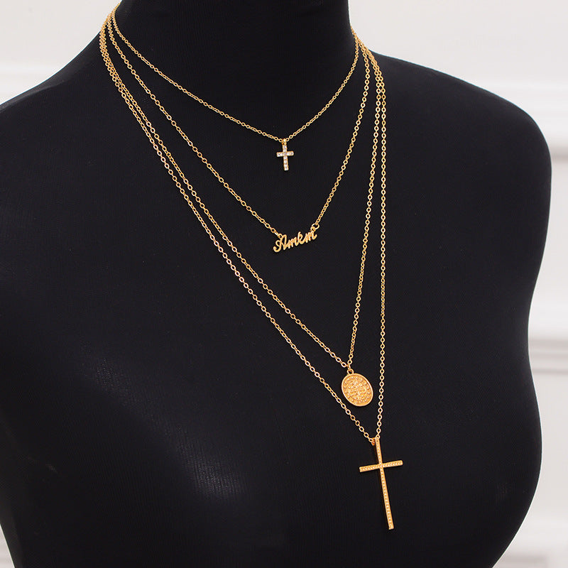 Fashion Multi-Layer Geometric Round Disc English Letter Rhinestone Cross Necklace
