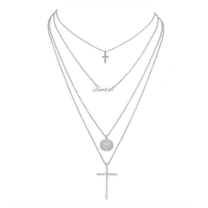 Fashion Multi-Layer Geometric Round Disc English Letter Rhinestone Cross Necklace