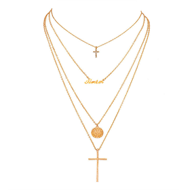 Fashion Multi-Layer Geometric Round Disc English Letter Rhinestone Cross Necklace