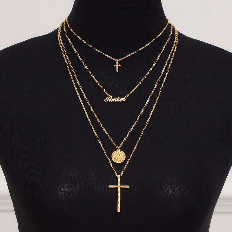 Fashion Multi-Layer Geometric Round Disc English Letter Rhinestone Cross Necklace