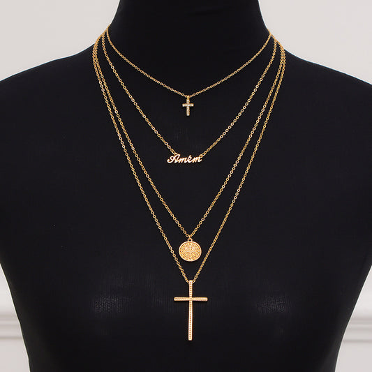 Fashion Multi-Layer Geometric Round Disc English Letter Rhinestone Cross Necklace