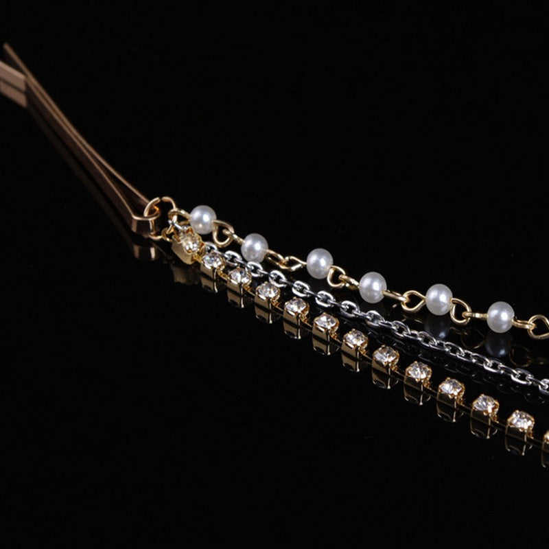 Women's Geometric Checkered Pearl and Rhinestone Tassel Layered Headband Hair Accessory Western Style Hairband