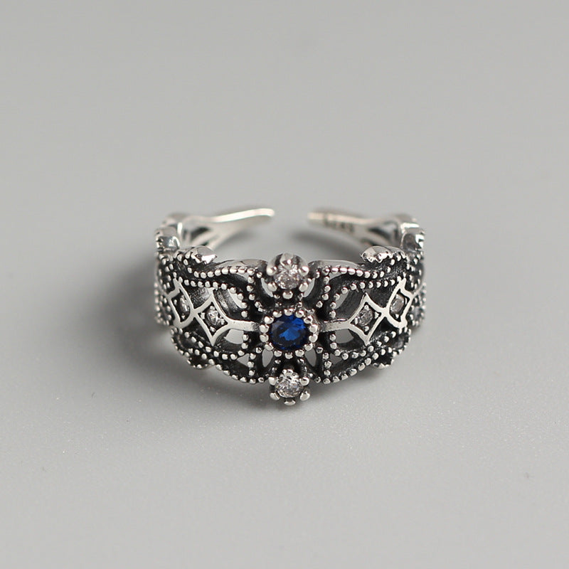 Anello Aperto da Donna Vintage in Argento Sterling 925 con Intarsi Geometrici Rotondi e Diamanti