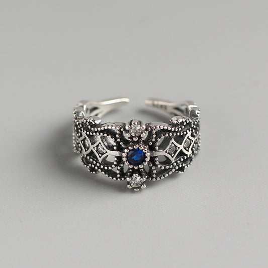 Anillo Abierto de Plata Esterlina 925 Vintage con Incrustaciones Geométricas de Diamantes para Mujer