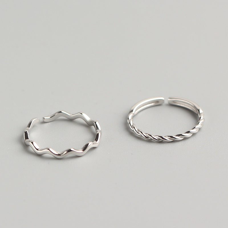Minimalist 925 Sterling Silver Wavy Polished Ring Adjustable Open Band for Women