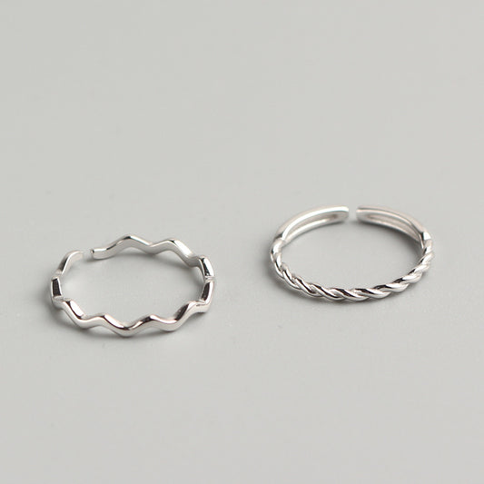 Minimalist 925 Sterling Silver Wavy Polished Ring Adjustable Open Band for Women