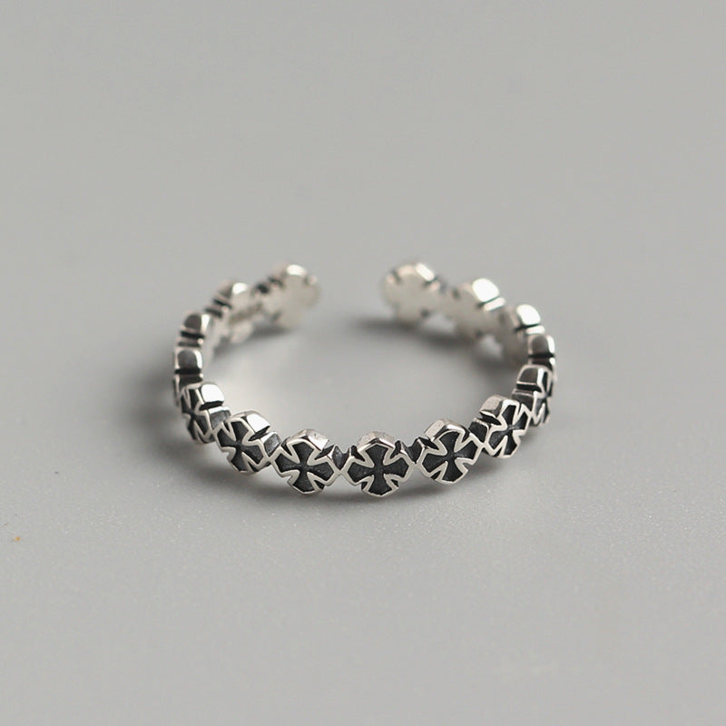Vintage 925 Sterling Silver Cross Ring for Women Polished Adjustable Statement Ring