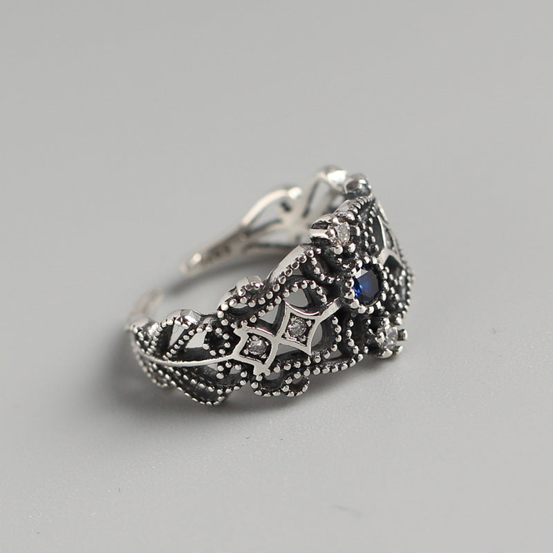 Anello Aperto da Donna Vintage in Argento Sterling 925 con Intarsi Geometrici Rotondi e Diamanti
