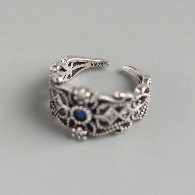 Anello Aperto da Donna Vintage in Argento Sterling 925 con Intarsi Geometrici Rotondi e Diamanti