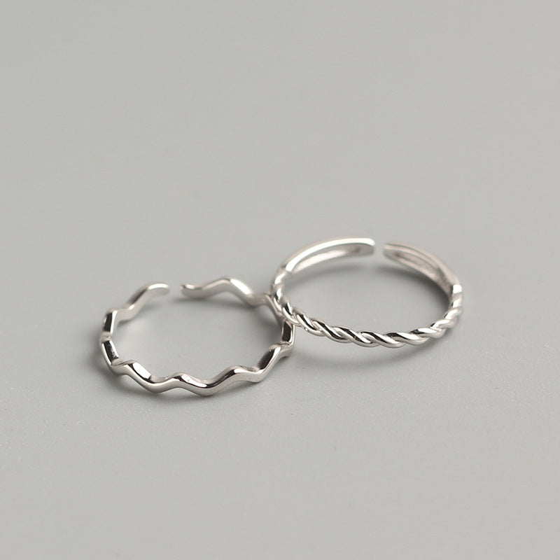 Minimalist 925 Sterling Silver Wavy Polished Ring Adjustable Open Band for Women