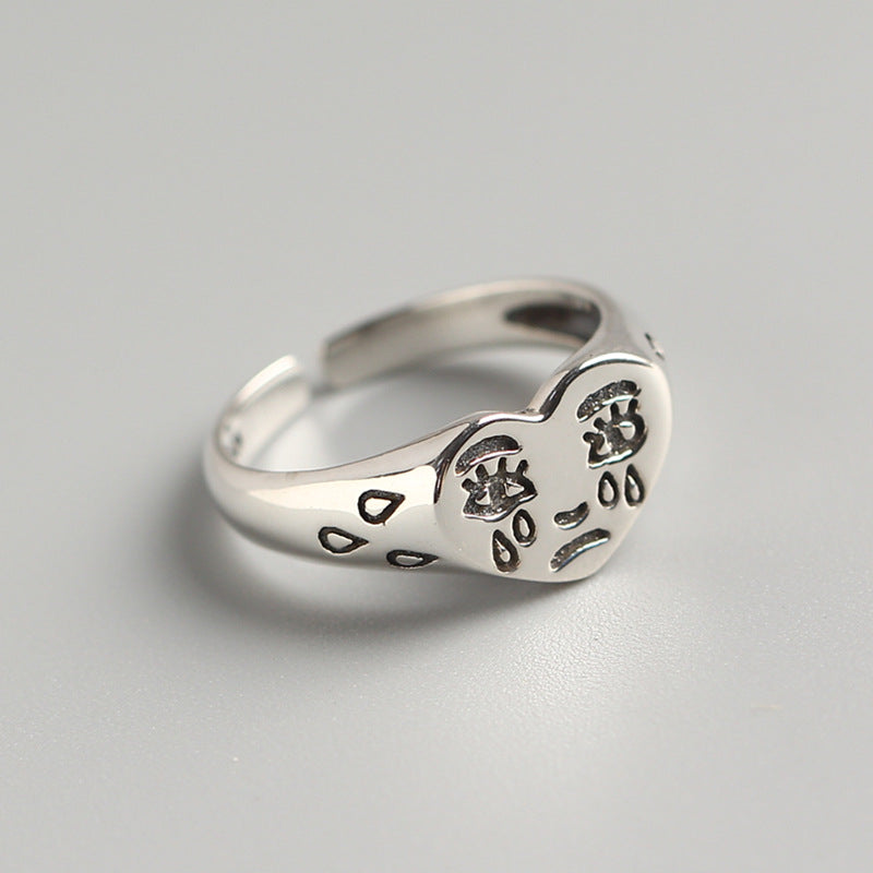 Fashion Creative 925 Sterling Silver Round Teardrop Crying Face Ring for Women