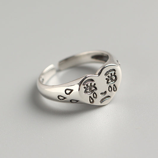 Anillo de Plata de Ley 925 con Cara Llorona Redonda en Forma de Gota para Mujer