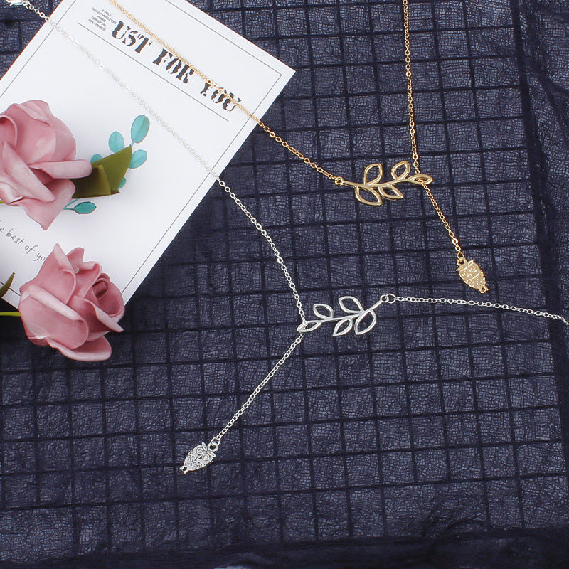 Alloy Leaf Owl Pendant Necklace on Snake Bone Chain for Women Minimalist Nature Jewelry