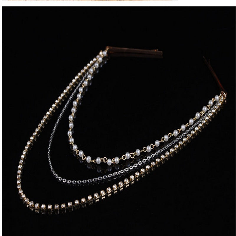 Women's Geometric Checkered Pearl and Rhinestone Tassel Layered Headband Hair Accessory Western Style Hairband