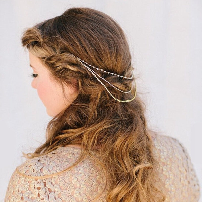 Women's Geometric Checkered Pearl and Rhinestone Tassel Layered Headband Hair Accessory Western Style Hairband