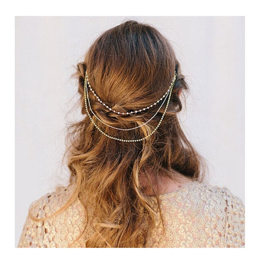 Women's Geometric Checkered Pearl and Rhinestone Tassel Layered Headband Hair Accessory Western Style Hairband