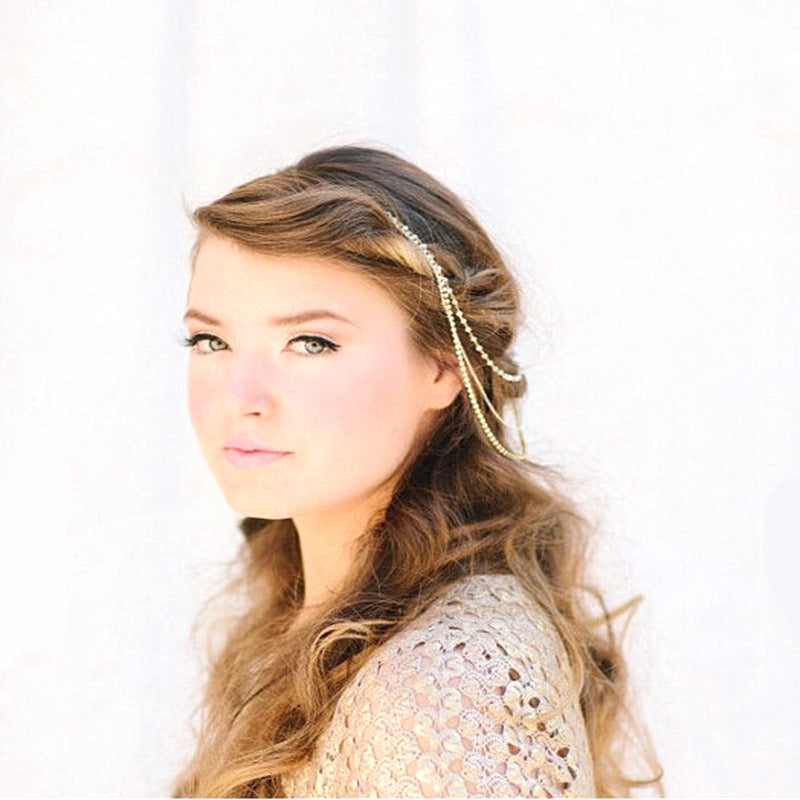 Women's Geometric Checkered Pearl and Rhinestone Tassel Layered Headband Hair Accessory Western Style Hairband