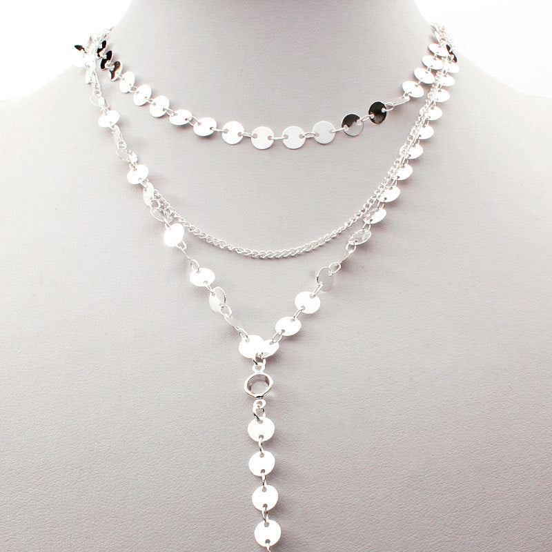 Handmade Sequin Necklace with Rhinestone Teardrop Pendant Layered Clavicle Chain Alloy Jewelry for Women