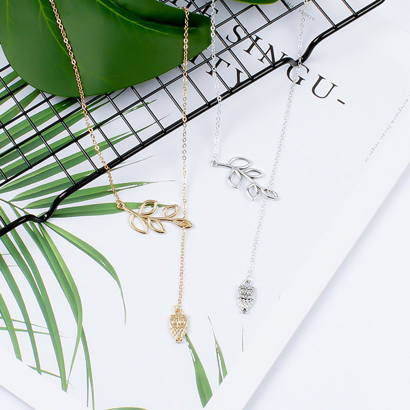 Alloy Leaf Owl Pendant Necklace on Snake Bone Chain for Women Minimalist Nature Jewelry