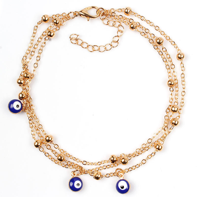 Handmade Tassel Anklet with Double-Sided Teardrop Blue Accent Charms for Women Yoga Beach Accessory