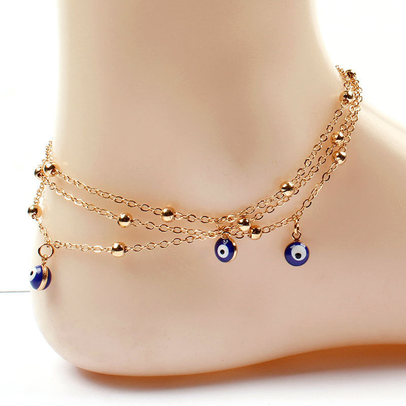 Handmade Tassel Anklet with Double-Sided Teardrop Blue Accent Charms for Women Yoga Beach Accessory
