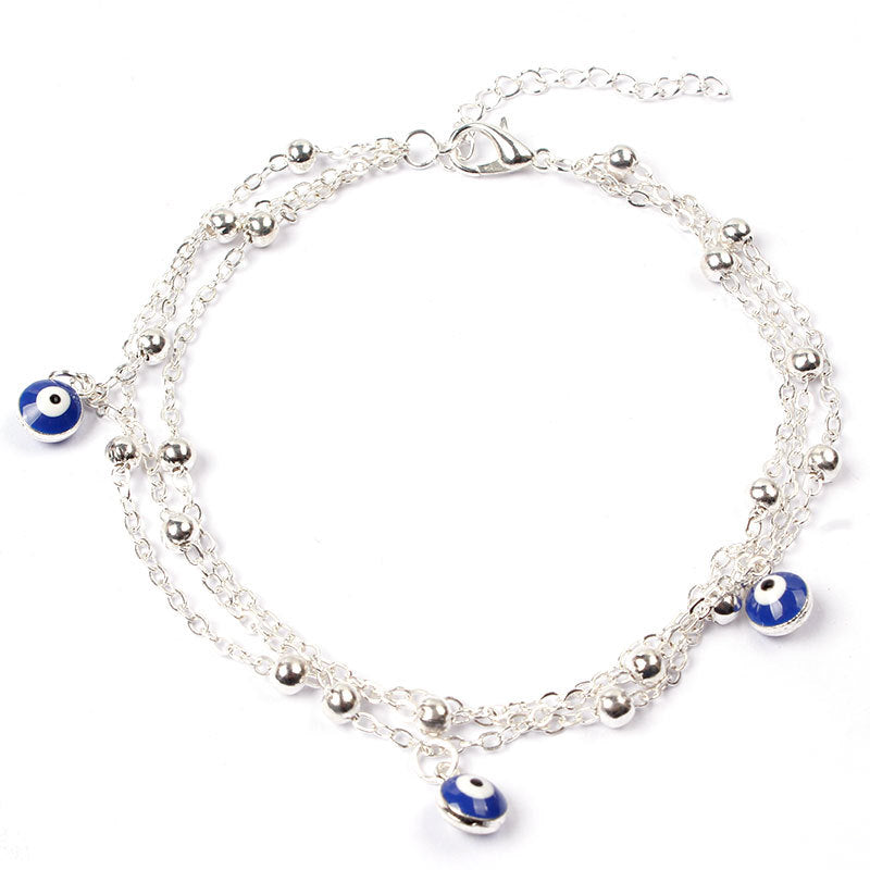 Handmade Tassel Anklet with Double-Sided Teardrop Blue Accent Charms for Women Yoga Beach Accessory