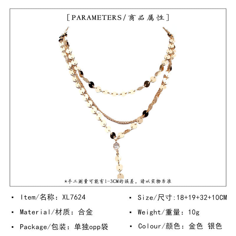 Handmade Sequin Necklace with Rhinestone Teardrop Pendant Layered Clavicle Chain Alloy Jewelry for Women