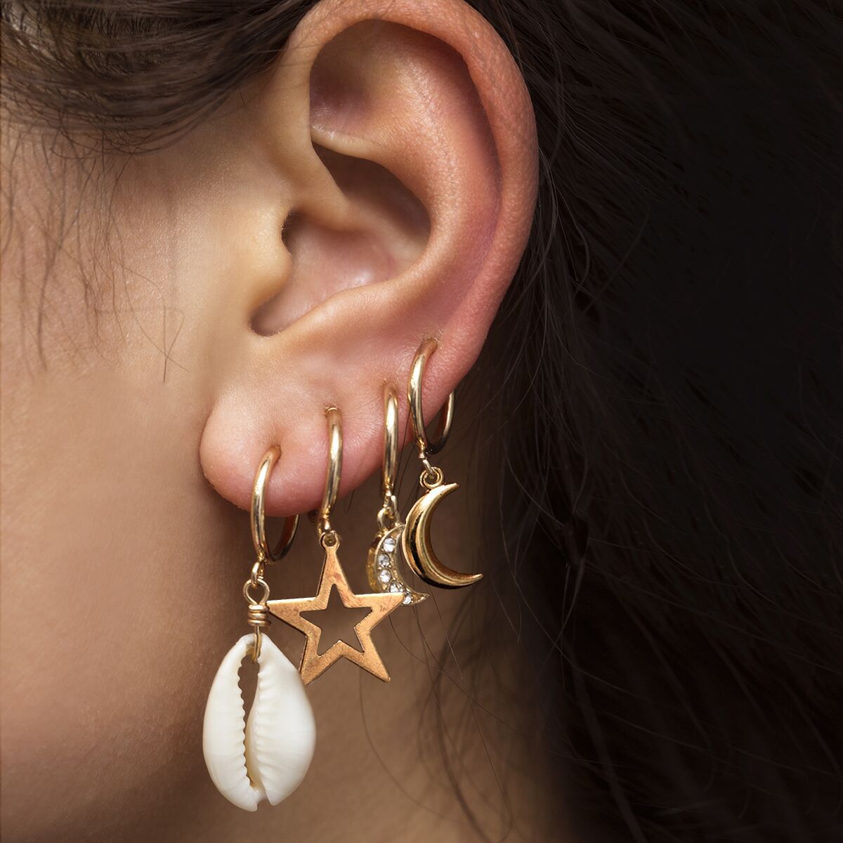 Clips de oreja de aleación con estrellas y corazones, estilo rústico bohemio