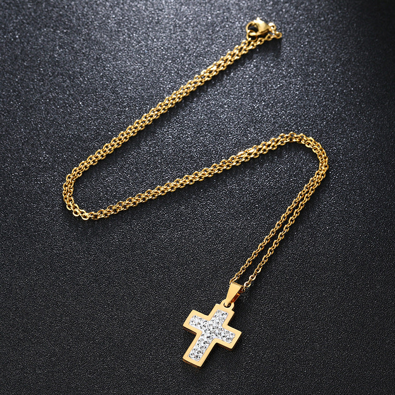 Collar minimalista de acero inoxidable con colgante de cruz de diamantes de imitación y cadena de eslabones