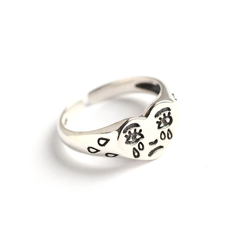 Fashion Creative 925 Sterling Silver Round Teardrop Crying Face Ring for Women