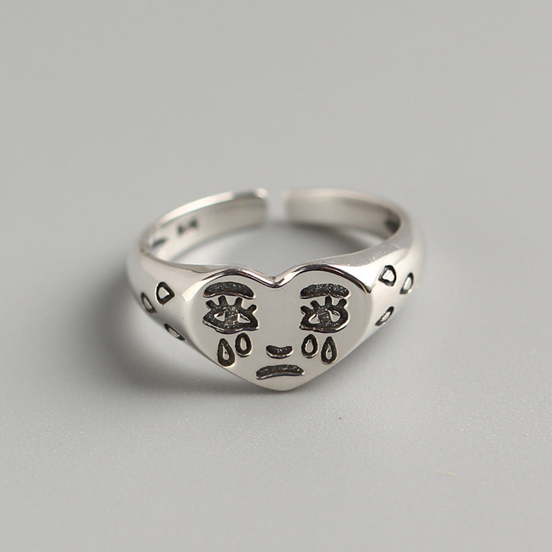 Fashion Creative 925 Sterling Silver Round Teardrop Crying Face Ring for Women
