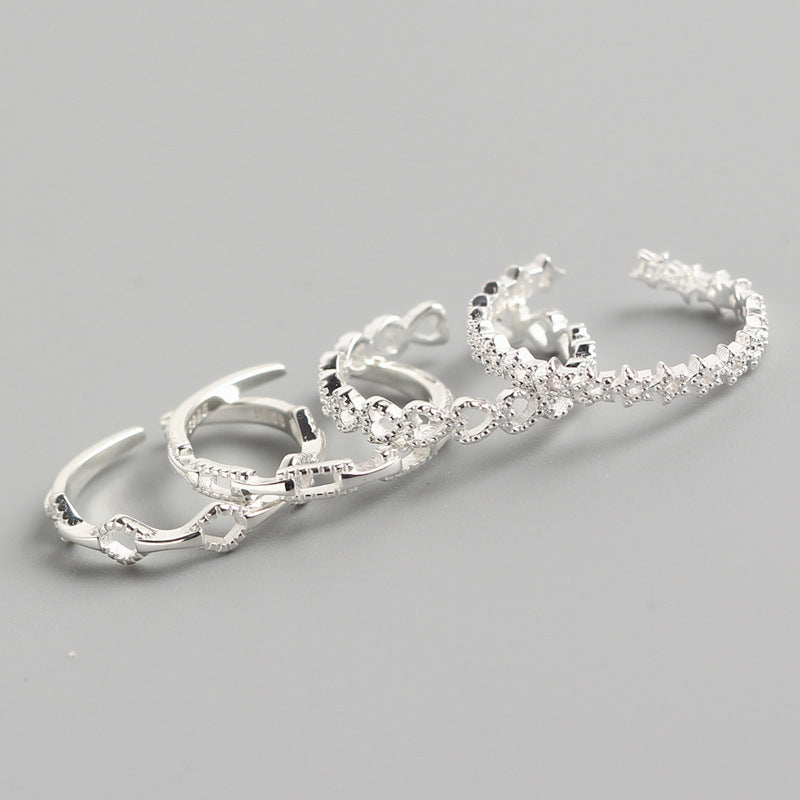 Set di Anelli Geometrici a Cuore e Stella Lucidi in Argento Sterling 925, Dolce e Minimalista, da Donna