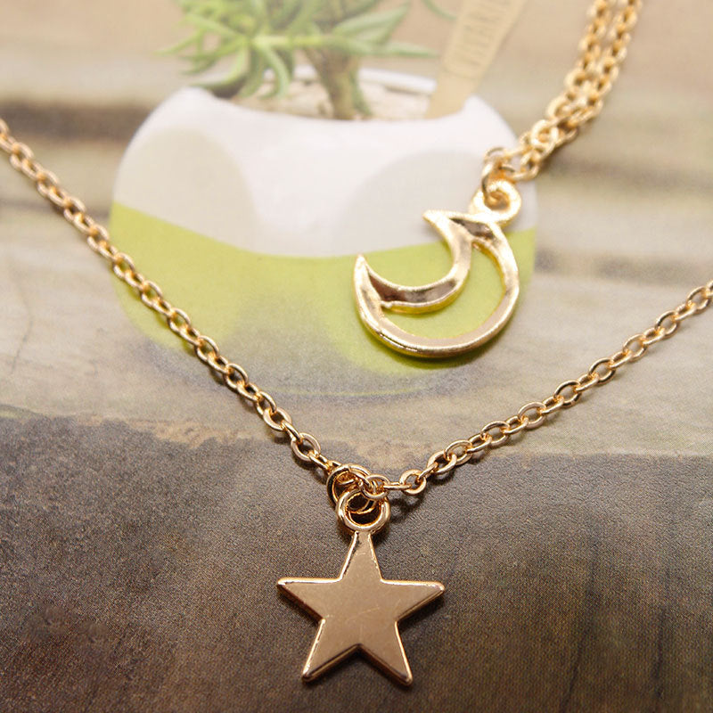 Star Crescent Hollow-Out Multi-Layer Pendant Necklace for Women Alloy Cross Chain Summer Trendy Jewelry