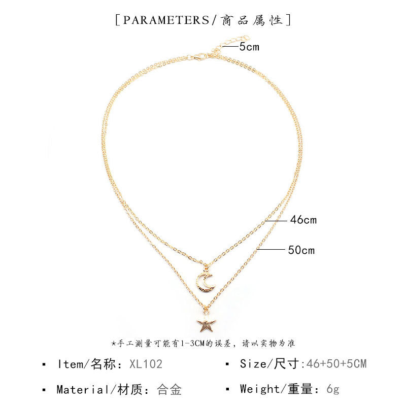 Star Crescent Hollow-Out Multi-Layer Pendant Necklace for Women Alloy Cross Chain Summer Trendy Jewelry