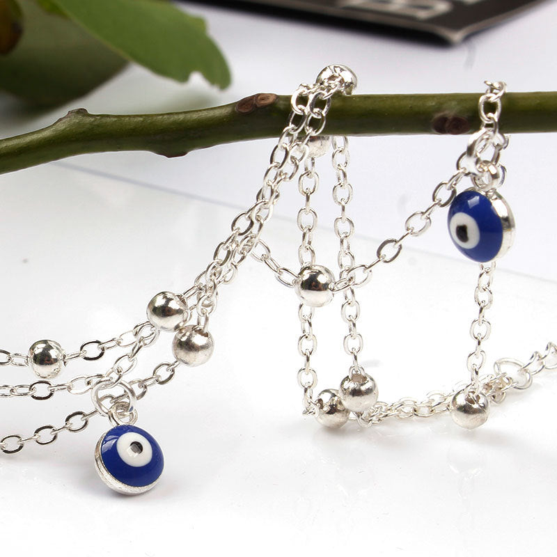 Handmade Tassel Anklet with Double-Sided Teardrop Blue Accent Charms for Women Yoga Beach Accessory