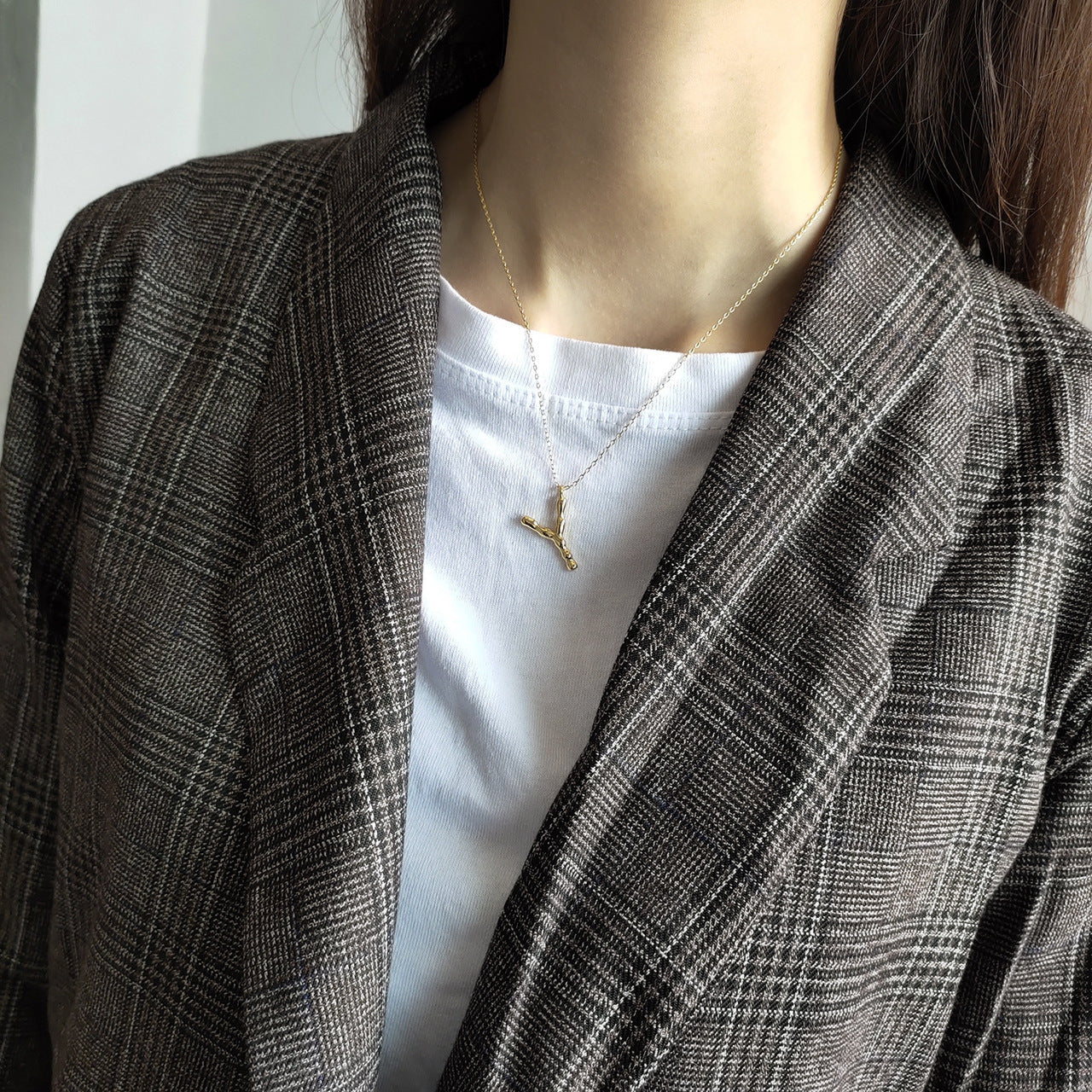 Sweet 925 Sterling Silver 18K Gold Plated Geometric Letter Pendant Necklace on Ball Chain