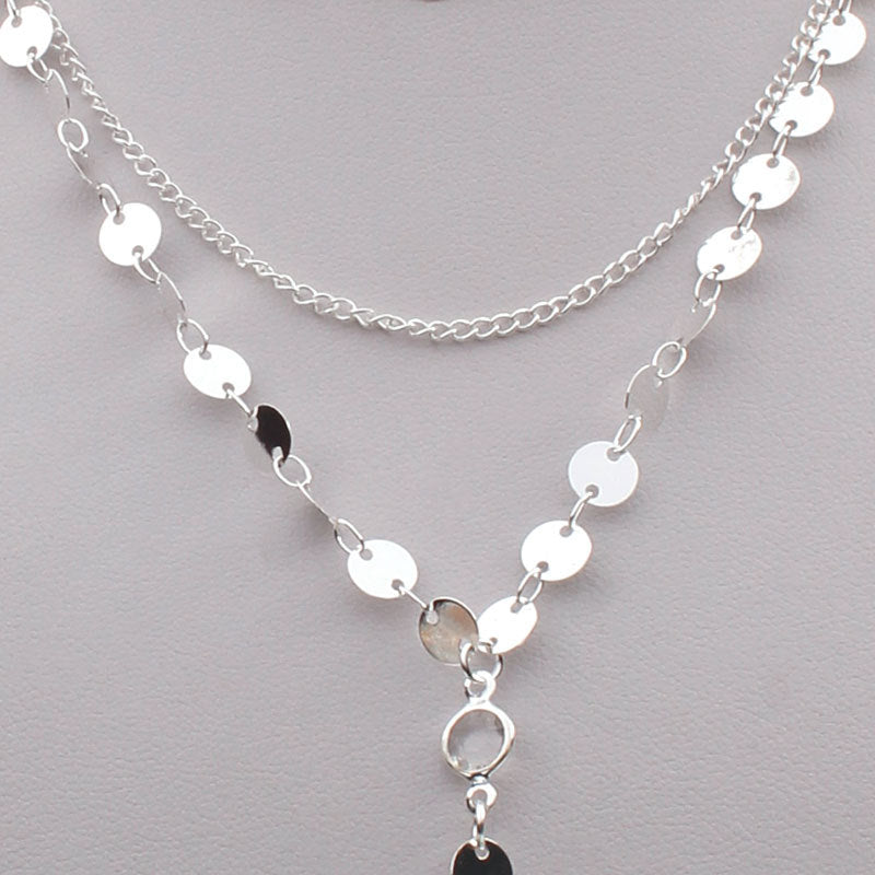 Handmade Sequin Necklace with Rhinestone Teardrop Pendant Layered Clavicle Chain Alloy Jewelry for Women