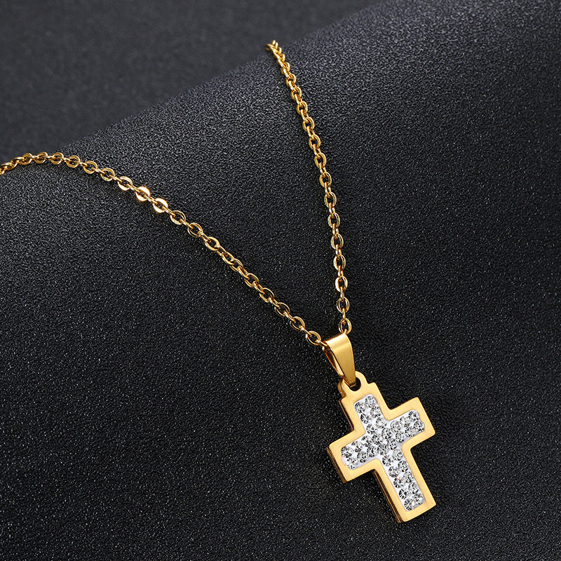 Collar minimalista de acero inoxidable con colgante de cruz de diamantes de imitación y cadena de eslabones