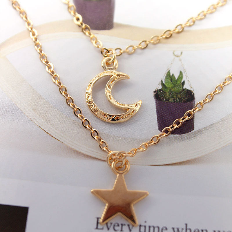Star Crescent Hollow-Out Multi-Layer Pendant Necklace for Women Alloy Cross Chain Summer Trendy Jewelry