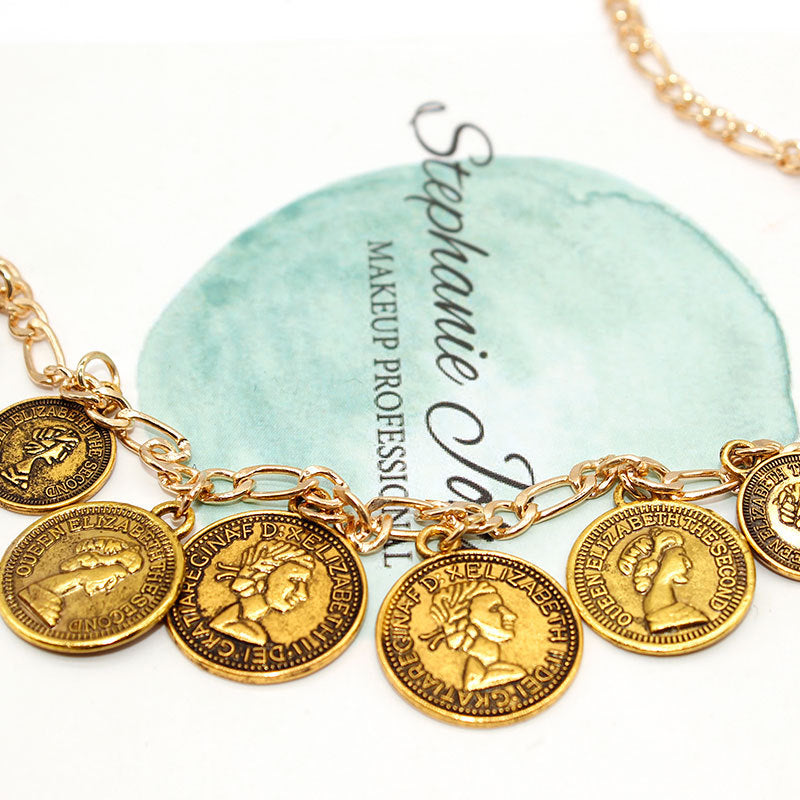 Minimalist Geometric Portrait Engraved Coin Pendant Alloy Necklace with Box Chain
