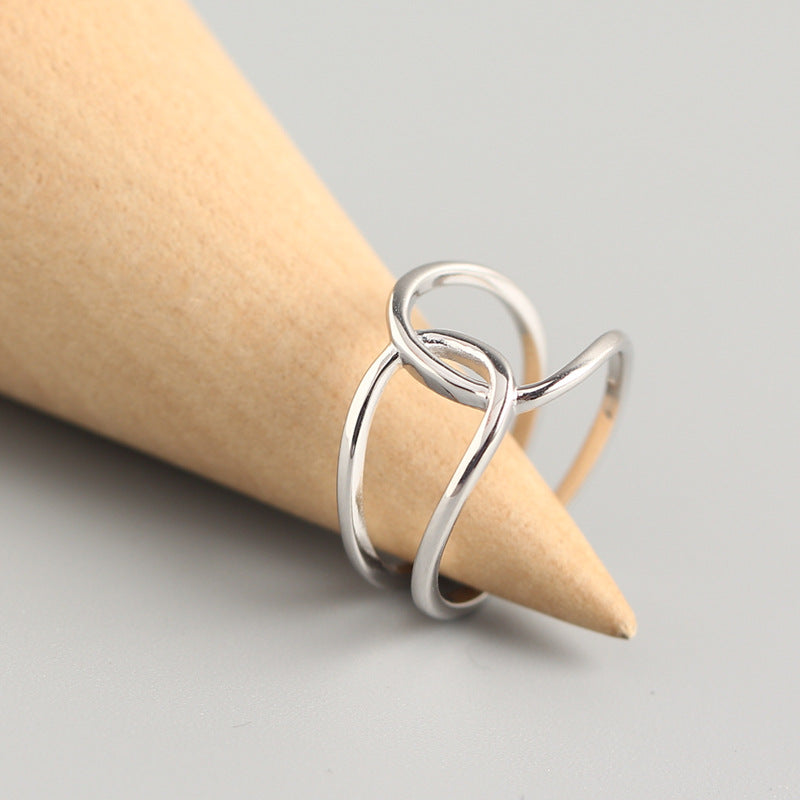 Anello a fascia impilabile da donna in argento sterling S925, anello minimalista geometrico con croce a doppia linea, alla moda e chic