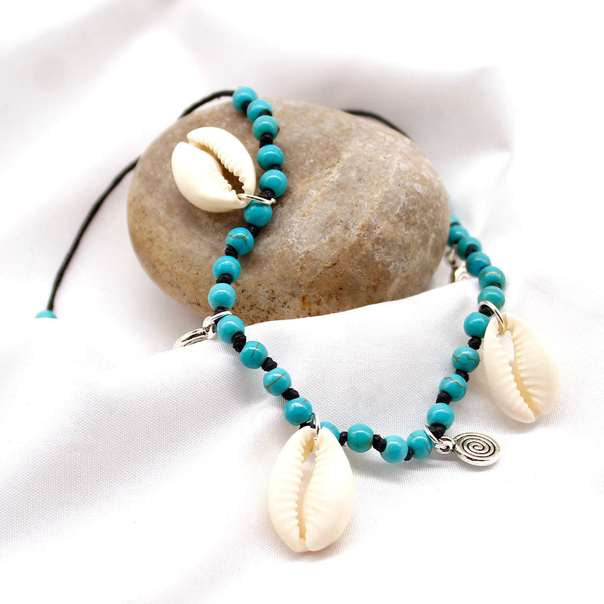 Tobillera de conchas y turquesa anudada a mano para mujer, joyería bohemia de playa