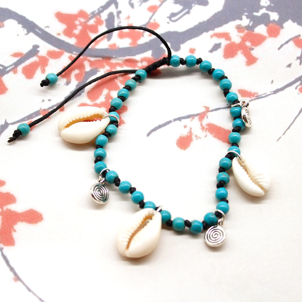 Tobillera de conchas y turquesa anudada a mano para mujer, joyería bohemia de playa