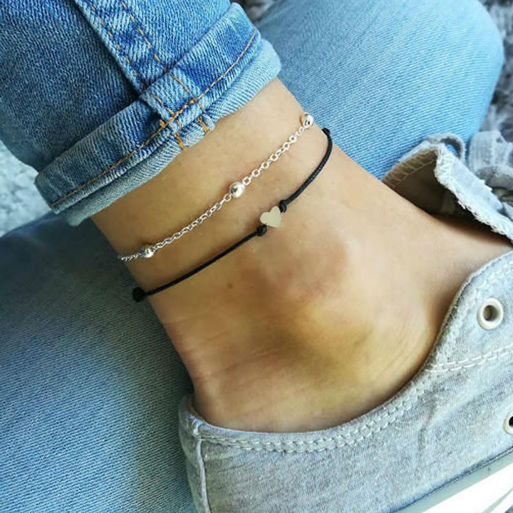 Double-Layer Heart-Shaped Leather Anklet for Women Alloy Beach Accessory