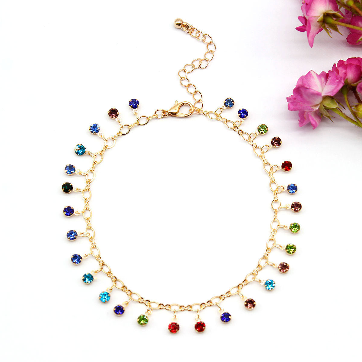 Crystal Micro-Pave Colorful Rhinestone Anklet for Women Geometric Style Alloy Anklet Beach Accessory