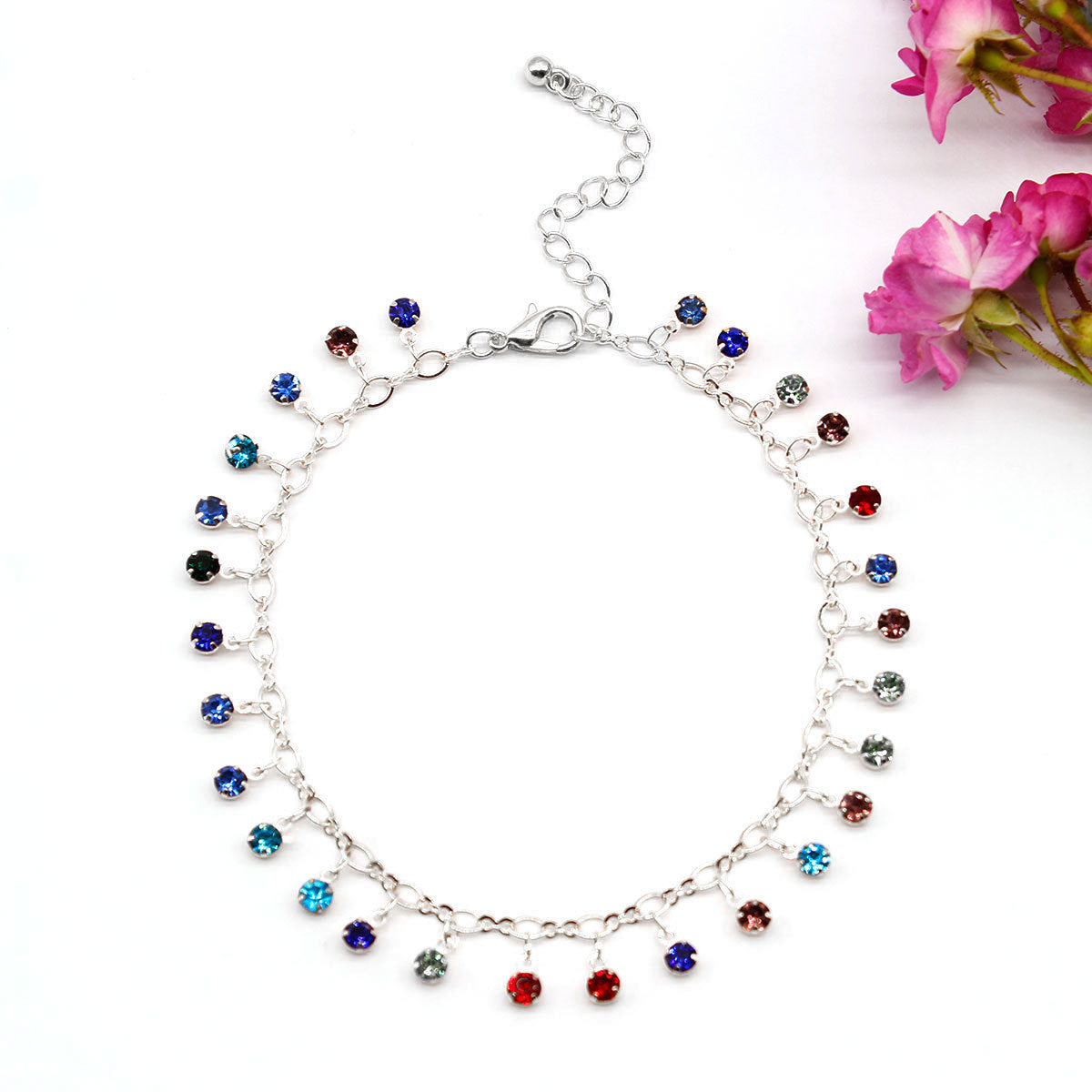 Crystal Micro-Pave Colorful Rhinestone Anklet for Women Geometric Style Alloy Anklet Beach Accessory
