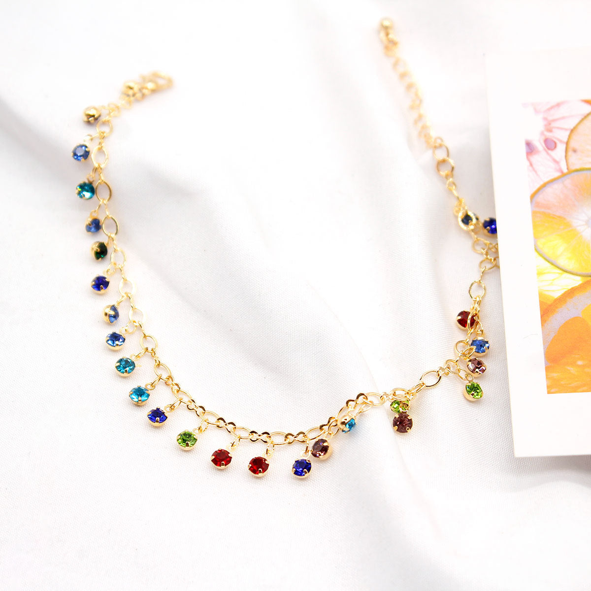 Crystal Micro-Pave Colorful Rhinestone Anklet for Women Geometric Style Alloy Anklet Beach Accessory