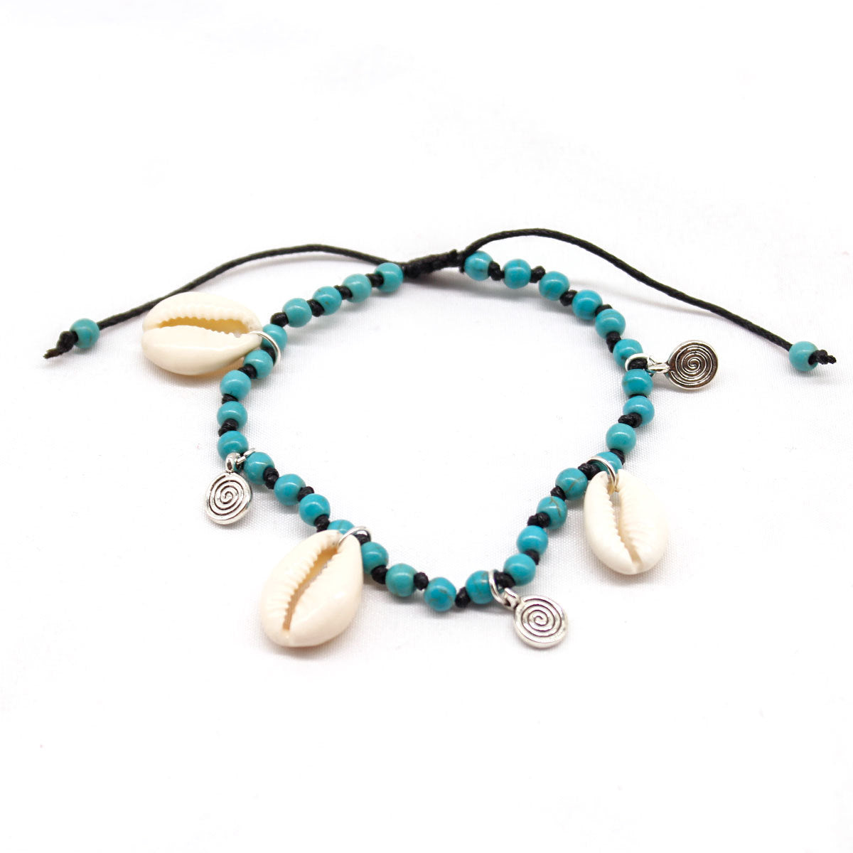 Tobillera de conchas y turquesa anudada a mano para mujer, joyería bohemia de playa
